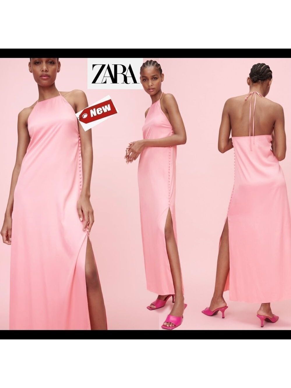 Zara pink satin effect button dress Sz L NWT